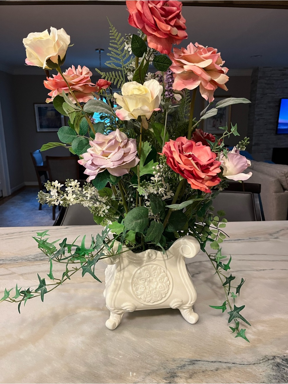 Cream Ceramic Planter with Pink, Cream & mauve silk Roses